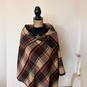 Karma Plaid Poncho Cape Wrap Beige Brown Red